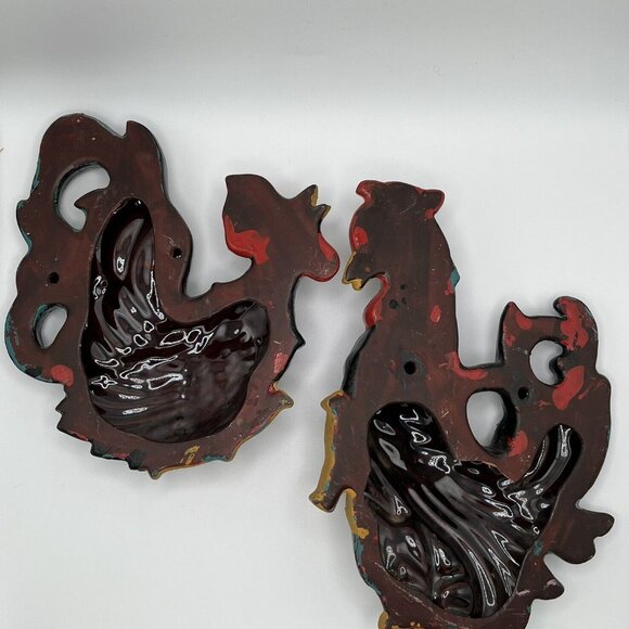 Vintage Black Rooster Chalkware Farmhouse Kitchen Art Deco MCM Plaques Set Of 2 - Picture 2 of 6